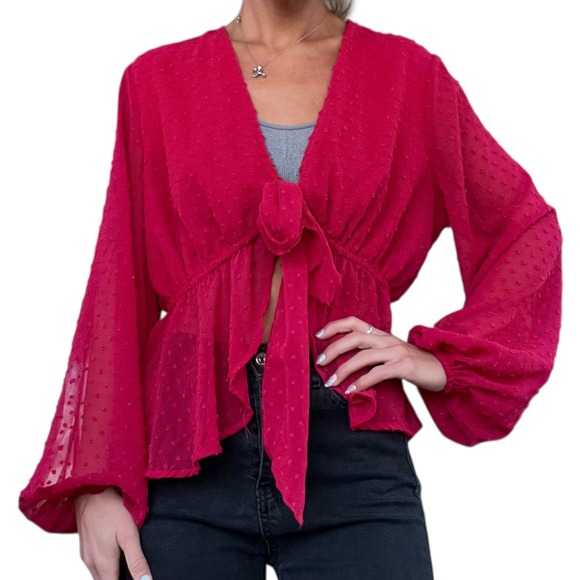 PrettyLittleThing Womens M Dark Red Swiss Dot Tie Front Wrap Sheer Peplum Blouse - Picture 3 of 13